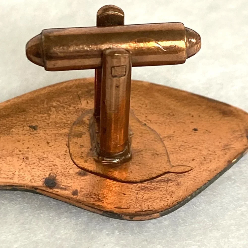 Vintage Modernist Copper Red White Enamel Fish Cuff Links READ DESCRIPTION